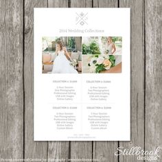 the wedding collection brochure is displayed on a wooden background