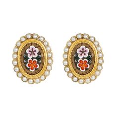 Ben-Amun gold-plated clip-on earrings inlayed with mosaics and pearls Red Flower Design, Mosaic Earrings, Nyc Studio, Nyc Design, Majorca, City Design, Art Handmade, Vibrant Design, Red Flower