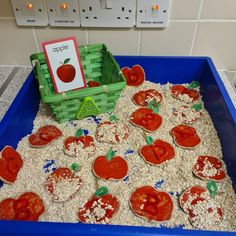 a blue tray filled with lots of food on top of a counter next to a green basket