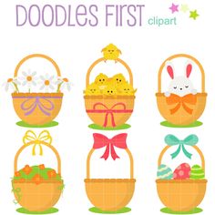 an easter basket clipart set with eggs, flowers and bunnies in different colors