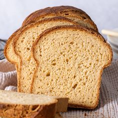 a loaf of bread sitting on top of a table next to a slice of bread