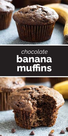 chocolate banana muffins cut in half and stacked on top of each other with the title overlay