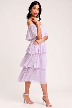 Lulus Exclusive! Land yourself on the best-dressed list with the help of the Lulus Gala Ready Lavender Off-the-Shoulder Ruffle Midi Dress! This charming Georgette midi dress is a surefire statement maker with its elasticized off-the-shoulder neckline, shift-style bodice, and quad-tiered ruffles that cascade down to the modest midi hem. Lavender Linen Dress, Lavendar Dress Outfit, Spring One Shoulder Midi Dress With Ruffles, Off-shoulder Midi Dress For Summer Cocktail, Summer Cocktail Off Shoulder Maxi Dress, Flowy Off Shoulder Dress For Summer Evenings, Chic Off-shoulder Midi Dress With Ruffles, Spring Pleated Tiered Midi Dress, Pleated Tiered Midi Dress For Brunch