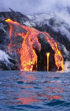 the lava in the ocean is glowing red and yellow