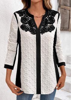 Color:White;Size:S;Size:M;Size:XXL;Package Contents:1 X Blouse;Occasion:Other;Style:Casual; White Lace Patchwork Blouse, White Lace Patchwork Blouse For Fall, Chic White Tops With Lace Patchwork, White V-neck Top With Lace Patchwork, White V-neck Blouse With Lace Top, White Lace Long Sleeve, White Chiffon Blouse, Clothes For Women Over 50, Stylish Tops For Women