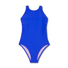 Add beautiful blue hues to your swimwear with this High Neck Medium Coverage One-Piece Swimsuit from Kona Sol™. This solid blue one-piece swimsuit offers plenty of torso and seat coverage. It features a high round neckline and has a crisscross back with adjustable straps that make it easy to find just the right fit. The stretchy fabric provides ease of movement, while the removable cups offer customizable coverage. Complete your look with a sarong or a cover-up and accessorize with a pair of sun Blue Sleeveless Tankini With Upf 50+, Blue Fitted Beachwear Swimwear, Fitted Blue One Piece For Poolside, Blue Fitted One-piece For Poolside, Summer Diving Swimwear With Uv Protection, Fitted Blue One-piece For Poolside, Stretch One-piece Leotard For Pool, Uv Protection Swimwear For Diving In Beach Season, Uv Protection Swimwear For Diving And Beach Season