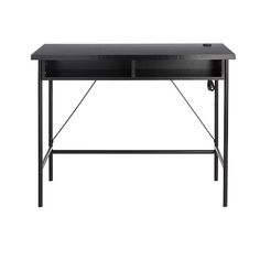 the desk is black and has two drawers on one side, with an open drawer underneath it