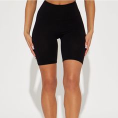 New With Tags Black Biker Shorts High Stretch Black Short Leg Bottoms, Black High-stretch Knee-length Shorts, Black Compression Bottoms With Short Leg, Trendy High Stretch Black Shorts, Black High-waist High-stretch Biker Shorts, Black Compression Biker Shorts Casual Style, Black High Stretch Biker Shorts, High-stretch Black Biker Shorts, High Stretch Black Biker Shorts