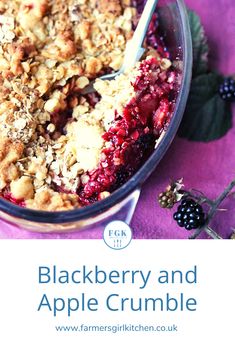 blackberry and apple crumble in a glass dish