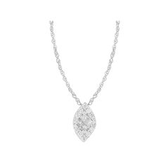 This gorgeous 10k white gold diamond marquise pendant necklace is a must-add to your fine jewelry collection. This gorgeous 10k white gold diamond marquise pendant necklace is a must-add to your fine jewelry collection. Chain length: 18 in. Chain type: rope Clasp: spring-ring Metal: 10k white gold Finish: polished Packaging: boxedDIAMOND DETAILS Total weight: 1/4 ct. Shape: princess cut, round Setting: pave Diamond weights are approximate. Diamond total weights may vary between .01 and .08 ct. S Fine Jewelry Marquise Platinum Necklace, Marquise Diamond Necklace With Diamond Cut, Marquise Diamond Cut Necklace, Marquise Platinum Necklace Fine Jewelry, White Gold Marquise Platinum Necklace, Silver Marquise Diamond Necklace, Marquise White Gold Diamond Necklace With Diamond Accents, Marquise Diamond Cut Fine Jewelry Necklace, Marquise Diamond Necklace In White Gold With Diamond Accents