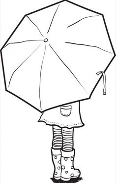 a drawing of a girl holding an umbrella in the rain with boots and socks on