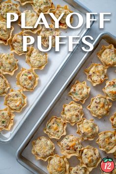 the cover of playoff puffs is shown on a baking sheet and next to an apple