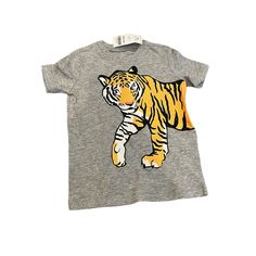 Nwt Carters Grey Tiger T-Shirt, Size 24 Months Unisex 100% Cotton Orange Cotton Tops With Cartoon Print, Orange Cotton Top With Cartoon Print, Playful Orange Crew Neck Top, Orange Summer Playwear Tops, Orange Summer Tops For Playwear, Playful Orange Graphic Print Tops, Playful Orange Tops For Playtime, Playful Orange Tops For Playwear, Playful Gray Top With Graphic Print