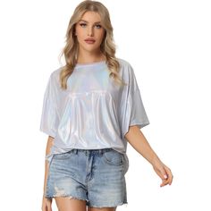 This top is made up of several design points: holographic top, shiny metallic fabric, round neck, and short sleeve. It will make you shine like the moon. It is suitable for summer/autumn and for many occasions, such as parties, clubs, night-out, music festivals, rave outfits, and concerts and you can also use it for cosplay costumes. Holographic Party, Holographic Top, Sparkly Shorts, Silver Shirt, Oversized Tee Shirt, Fitted Blouses, Metallic Fabric, Denim Midi Skirt, Faux Leather Pants