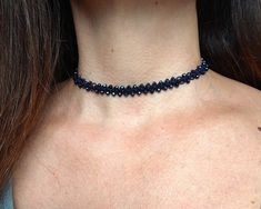 Lend your look a chic finish with this hand-woven lace choker embellished with small glass crystal beads. This is a gorgeous delicate beaded choker, which can be worn morning to evening. Complement your ensemble on a special occasion or whenever you want to add a touch of elegance and subtle sparkle. If you love dark accessories, dark blue is the perfect alternative for black. This dainty dark blue choker will be a classy and sophisticated addition to many different colours and outfits. You can Blue Choker Necklace, Blue Choker, Lace Choker, Dainty Choker, Choker Style, Choker Collar, Powder Pink, Matching Bracelets, Beaded Choker