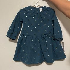 Carter’s 2 Piece Long Sleeve Dress Nwt Navy Blue With Gold Hearts Long Sleeve Cotton Dress For Playwear, Blue Fall Playtime Dress, Blue Dress For Playtime In Fall, Blue Dress For Fall Dress-up, Fitted Long Sleeve Dress For Playwear, Casual Long Sleeve Dress For Dress-up Occasion, Casual Long Sleeve Dress For Dress-up, Deer Dress, Turkey Dress