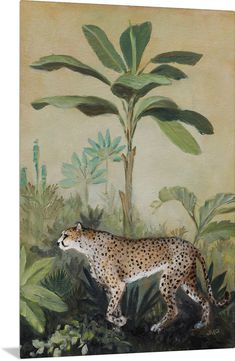 a painting of a cheetah walking in the jungle with large green leaves behind it