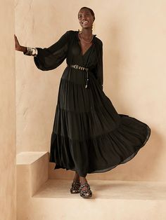 Tiered Maxi Dress | Banana Republic Beautiful Black Dresses, Maxi Dress Collection, Girls Maxi Dresses, Maxi Outfits, Ruffled Neckline, Viscose Rayon, Pleated Maxi Dress, Silk Maxi Dress, The Drama