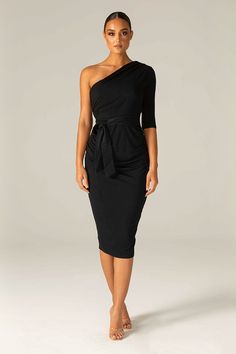 Dolly Elegant Bodycon Dress-Black One-shoulder Elastane Dress For Date Night, Mid-length Bodycon Party Dress, Bodycon Mid-length Party Dress, One Shoulder Elastane Dress For Night Out, Fitted One-shoulder Elastane Midi Dress, Bodycon Mid-length Dress For Party, One Shoulder Elastane Midi Dress For Party, Elastane Dress With Asymmetrical Neckline For Date Night, One-shoulder Elastane Midi Dress For Party