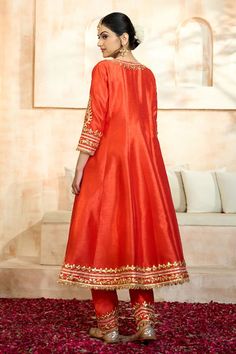 Red anarkali with flower pattern gota embroidery. Comes with matching salwar and dupatta. - Aza Fashions Gota Embroidery, Red Anarkali, Salwar Pattern, Embroidered Anarkali, Women Kurta, Red Flower, Set For Women, Anarkali, Aza Fashion