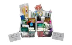 two bins filled with different types of personal care items and labels on the sides