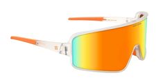 an orange and white pair of sunglasses with mirrored lenses on the top, one yellow