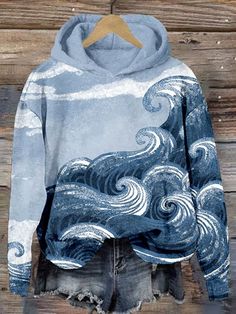 Material: Polyester cotton Sleeve Type: Long sleeve Style: Casual Neckline: Long Sleeve Style, Ocean Waves Art, Waves Art, Wave Art, Halloween News, Cozy Hoodie, Vintage Casual, Dog Print, Mixing Prints