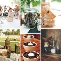 there are many different pictures that include jars, candles and other things on the table