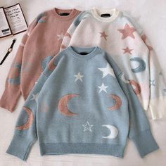 Moon & Star Sweater (3 Colors) – Megoosta Fashion Oversized Knit Sweater, Color Blocking Outfits, Witchy Fashion, Winter Pullover, Star Sweater, Aesthetic Shirts, Oversized Knitted Sweaters, Oversize Knit, Moon And Stars