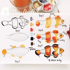 a drawing of different types of fish on a sheet of paper next to some fruit