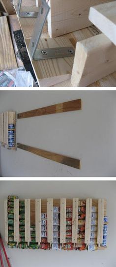 three pictures showing different ways to use wooden pallets for storage and organization in the kitchen