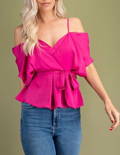 Cold Shoulder Peplum Blouse. Tie at the waistMODEL HEIGHT 5'8" 100% POLYESTER Chic V-neck Belted Top, V-neck Padded Blouse For Brunch, Summer Workwear Peplum Blouse, Chic Peplum Top For Date Night, V-neck Peplum Top For Party, Chic Summer Peplum Blouse, Fall Peplum Top For Brunch, Spring Off-shoulder Blouse For Workwear, Off-shoulder Spring Blouse For Work