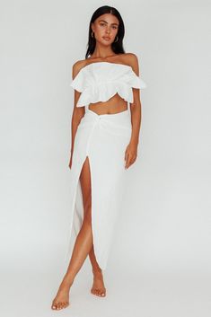 So Fine Twist Waist Crepe Midi Skirt Off White Pink Dress Shoes, Brunch Dress, Ruffle Design, Ruffle Crop Top, Iron Material, Date Night Dresses, Basic Dress, Nude Heels, Matching Top