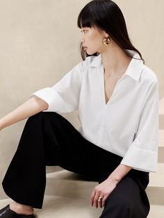 Cruz Oversized Popover Top | Banana Republic Top Banana, White Shirts, Wide Sleeves, Hip Length, Cotton Poplin, White Shirt, Oversized Fits, Banana Republic, Style Inspiration