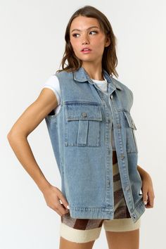 OVERSIZED DENIM POCKETS BUTTON UP VEST - OVERSIZED SILHOUETTE - DENIM FABRICATION - POCKETS AT THE FRONT- BUTTON UP CLOSURE - 100% Cotton Denim Pocket, Oversized Silhouette, Denim Pant, Cami Tanks, Denim Vest, Hat Hairstyles, Bottoms Pants, Casual Tops, Denim Skirt