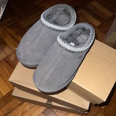 Brand New Gray Ugg Slippers Gray Uggs, Grey Ugg Slippers, Gray Slippers, Uggs Slippers, Gray Ugg, Burr Basket, Grey Uggs, New Uggs, Ugg Tazz