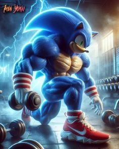 sonic the hedgehog is doing some exercises with dumbbells in front of a lightning background