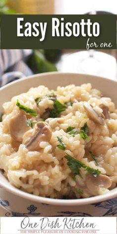 a bowl filled with mushroom risotto on top of a blue and white plate