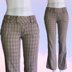 Vintage 90s y2k plaid pants. Flared leg. Low rise. Waistband belt. By "be bop" in the late 90s early 2000s y2k era. Fits like a 28-29" waist.  31" waist (low rise so fits 28-29" waist best)  8" rise  39" hip  30" inseam Y2k Style Bottoms With Belt Loops For Fall, Y2k Bottoms With Belt Loops For Fall, Y2k Fall Bottoms With Belt Loops, Y2k Fitted Bottoms With Belt Loops, 90s Fitted Bottoms With Belt Loops, Casual Plaid Bottoms With Belt Loops, Whimsigoth Pants, 2000s Trousers, 90s Pants