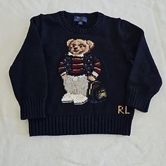 Polo Ralph Lauren Bear Sweater New Without Tag Ralph Lauren Polo Ski Club Jacket, Ralph Lauren Sweater Bear, Skor Sneakers Nike, Ralph Lauren Jumper, Kids Teddy Bear, Polo Ralph Lauren Kids, Navy Blue Sweater, Winter Mode, Cotton Jumper