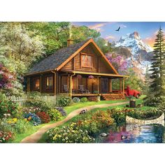 a painting of a log cabin in the woods with flowers and trees on the side