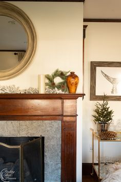 a fireplace in a living room with a mirror above the fire place and other decorations