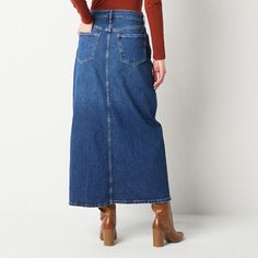 Add vintage-inspired style to your wardrobe with this chic women's denim maxi skirt from a.n.a. It's made from a cotton-blend and has a high-rise, a button-zip fly, and classic 5-pocket styling. Wear it with a long-sleeve top and boots for a timeless look.Front Style: Flat FrontClosure Type: Button & ZipperClosure Location: FrontPockets: 2 Front Slip Pockets, 2 Back Slip Pockets, 1 Front Coin PocketRise: High RiseApparel Length: 38 InchesFiber Content: 99% Cotton, 1% SpandexFabric Description: … Maxi Skirt Blue, Denim Maxi, Denim Maxi Skirt, Maxi Skirts, Skirts Maxi, Chic Woman, Denim Women, Maxi Skirt, Vintage Inspired