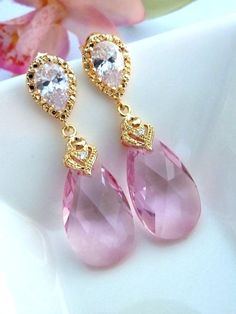 Light Rose Pink Swarovski Pear Drop Crystal with Yellow Gold Plated Peardrop Shape CZ Post Earrings Pink Crystal Drop Bridal Earrings, Elegant Pink Cubic Zirconia Bridal Earrings, Elegant Pink Crystal Bridal Earrings, Elegant Pink Teardrop Earrings For Gift, Elegant Pink Teardrop Earrings, Elegant Pink Teardrop Earrings As Gift, Pink Teardrop Jewelry For Valentine's Day, Fine Jewelry Pink Teardrop Earrings, Pink Cubic Zirconia Drop Bridal Earrings