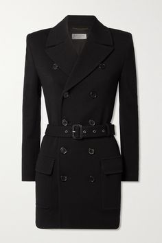 SAINT LAURENT's trench coat doubles up as a sleek mini dress. It's made from wool-blend jersey and framed by structured shoulders – a label signature. Create extra definition by tightening the accompanying belt. Wool Trench Coat Women, Clothing Drawing, Saint Laurent Jacket, Saint Laurent Dress, Wool Trench Coat, Office Siren, Luxury Clothes, Tweed Coat, Uniform Fashion