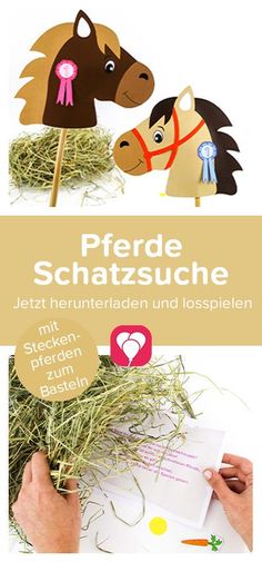 two horses are standing next to each other in hay and one horse is holding a sign that says prende schatzche