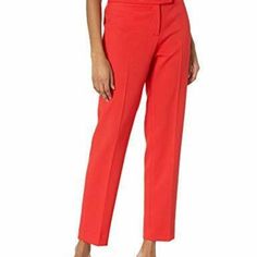 Sleek And Tailored, These Pants From Anne Klein Are A Flattering Pair To Be Styled To With Flowy Blouses And Your Favorite Pumps. Color: Rouge Front Zip With Hook And Eye With Tab Closure Zip Closure Unlined Dry Clean 98% Poly, 2% Elastane Size 14 Front Rise Approx. 11", Inseam Approx. 30 1/4" New With Tags Red Stretch Pants For Office, Red Fitted Dress Pants For Business Casual, Red Dress Pants With Pockets For Spring, Fitted Red Dress Pants For Business Casual, Red Straight Leg Dress Pants For Spring, Red Straight Pants For Office, Red Straight Dress Pants For Office, Red Straight Dress Pants For Work, Red Straight Dress Pants For The Office