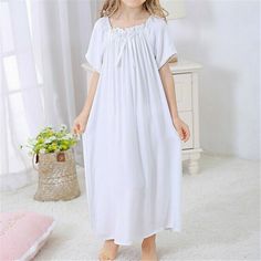 Kids Girls Cotton Nightdress Lace Pajamas Sleepwears Nightgown Short Sleeve Chic