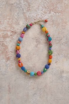 Neon Kantha Necklace - Multi Artisan Multicolor Adjustable Beaded Necklaces, Adjustable Multicolor Artisan Beaded Necklaces, Artistic Multicolor Necklaces With Large Beads, Multicolor Wooden Beaded Jewelry, Multicolor Wooden Beads Jewelry, Bohemian Rainbow Beaded Necklace With Wooden Beads, Bohemian Rainbow Beaded Necklaces With Wooden Beads, Multicolor Wooden Round Beads Jewelry, Artistic Multicolor Handmade Beaded Necklace