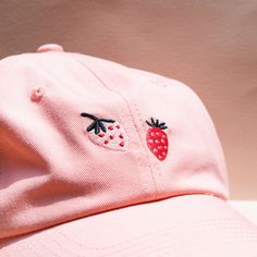 Look chic in our LARK Strawberry hat 🍓 Light pink with embroidered strawberries. Cute Hats With Embroidered Logo And Curved Brim, Cute Summer Dad Hat, Pink Curved Brim Dad Hat For Summer, Trendy Short Brim Dad Hat For Spring, Cute Dad Hat For Summer, Pink Snapback Dad Hat For Summer, Cute Pink Embroidered Hat, Summer Embroidered Pink Hats, Summer Pink Embroidered Hat